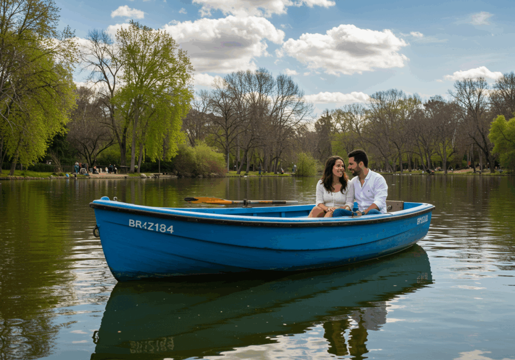 Pareja en paseo en barca en el Retiro, plan romántico y divertido en Madrid